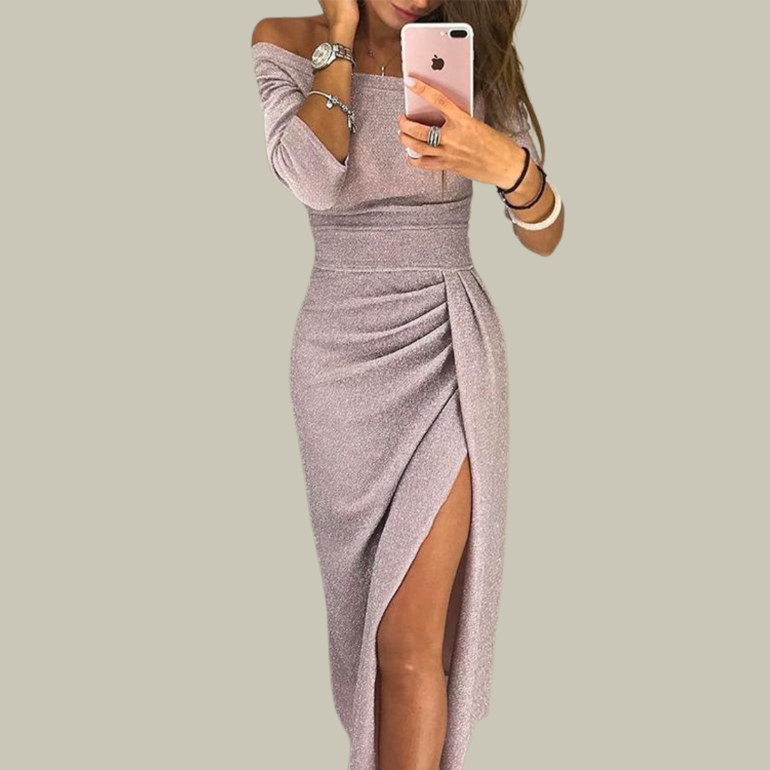 Women's Sparkly Off-the-Shoulder Dress - Ruched Split Party Gown