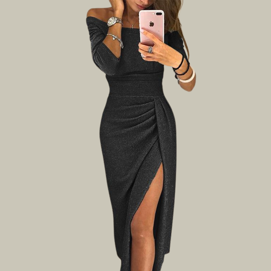 Women's Sparkly Off-the-Shoulder Dress - Ruched Split Party Gown