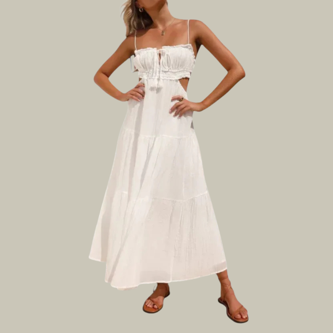 Bella | White Midi Sundress Spaghetti Straps Cut Out