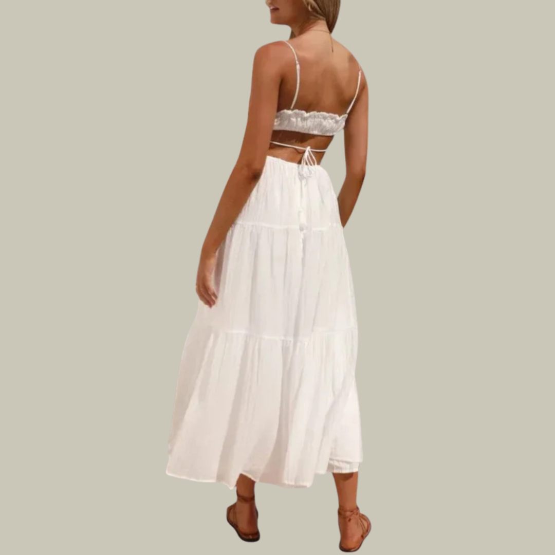 Bella | White Midi Sundress Spaghetti Straps Cut Out
