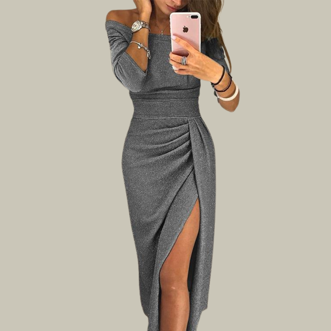 Women's Sparkly Off-the-Shoulder Dress - Ruched Split Party Gown