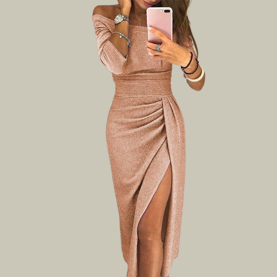 Women's Sparkly Off-the-Shoulder Dress - Ruched Split Party Gown