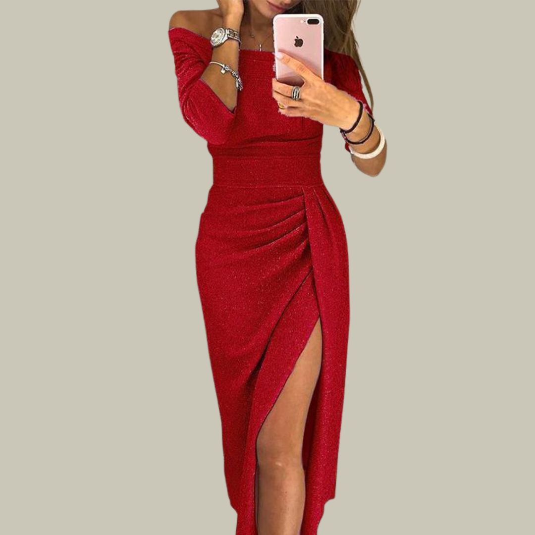 Women's Sparkly Off-the-Shoulder Dress - Ruched Split Party Gown