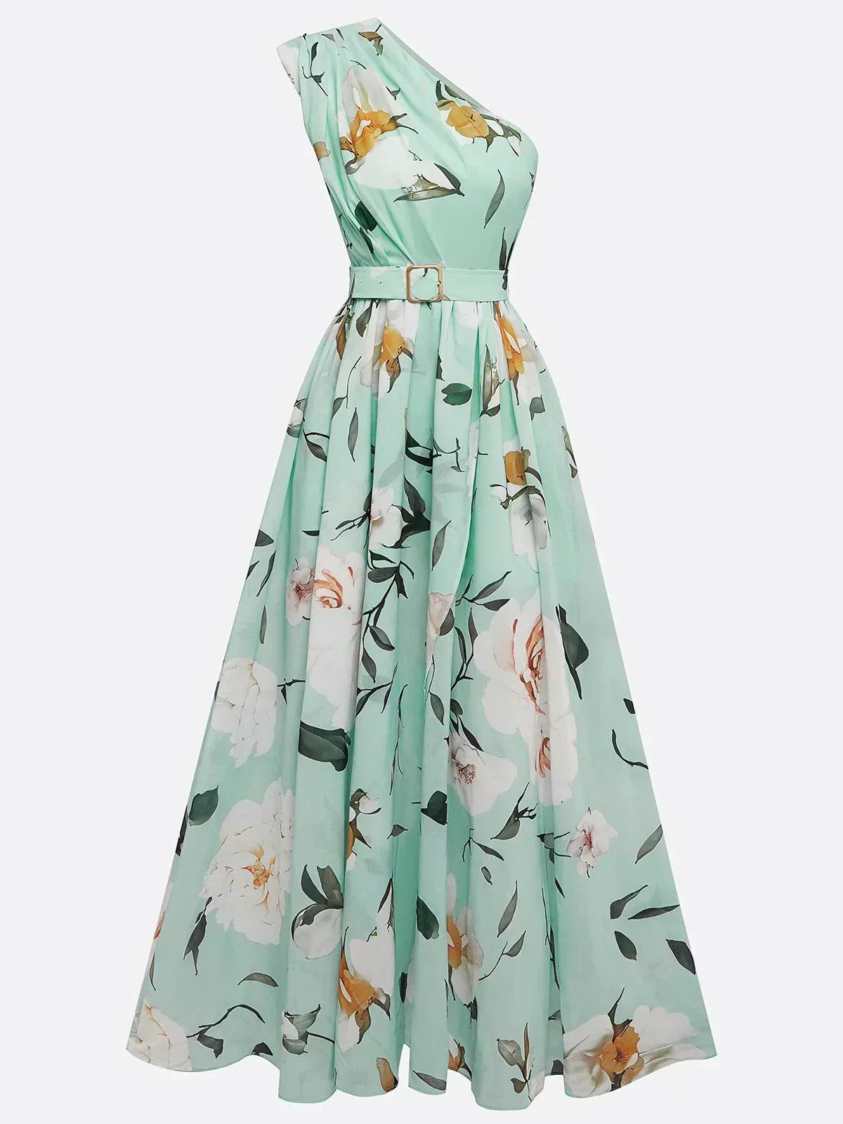 Julie | Light Green Floral Chiffon One-Shoulder Maxi Dress 2