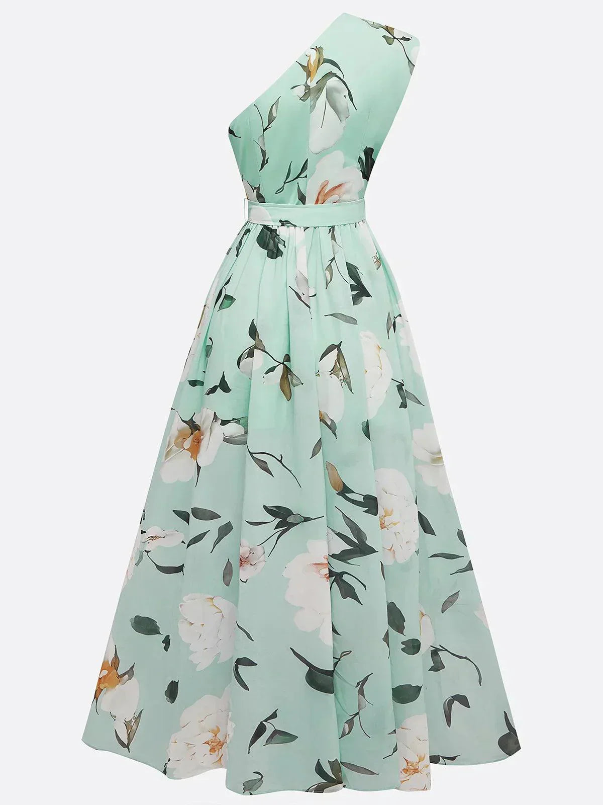 Julie | Light Green Floral Chiffon One-Shoulder Maxi Dress 3