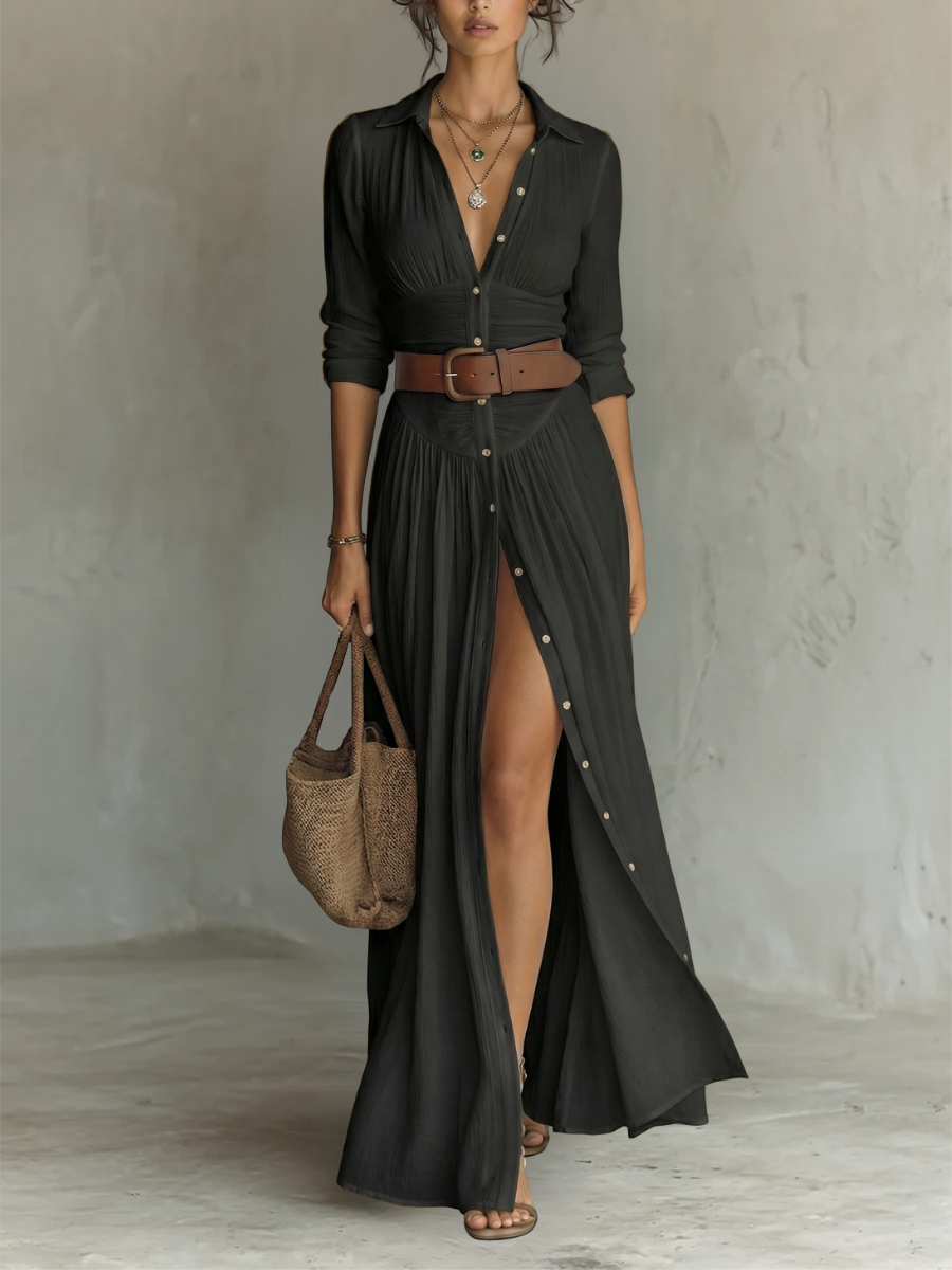 Long Maxi Dress with Notched Collar and Long Sleeves for Women 3