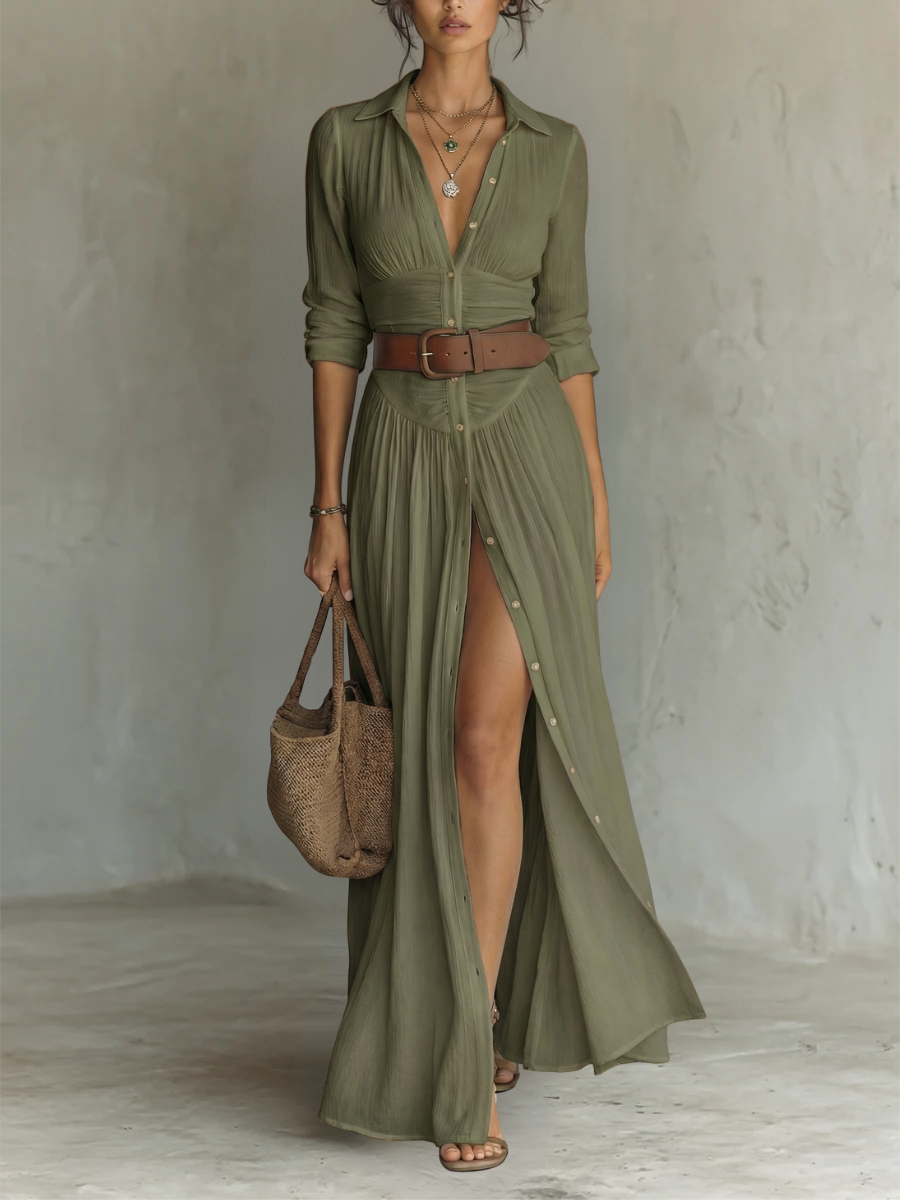 Long Maxi Dress with Notched Collar and Long Sleeves for Women 4