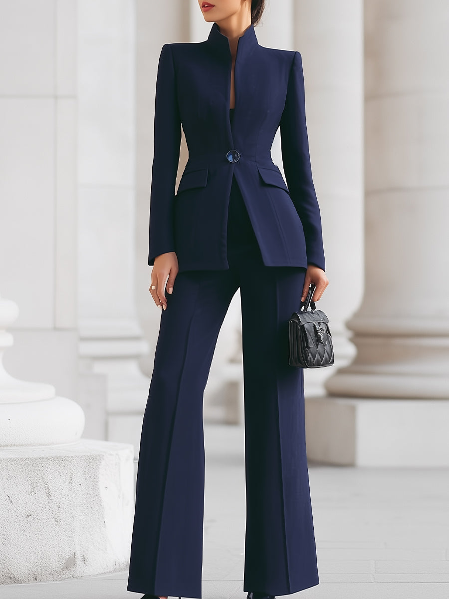 Sophisticated High-Collar Blazer & Wide-Leg Trousers Set 0