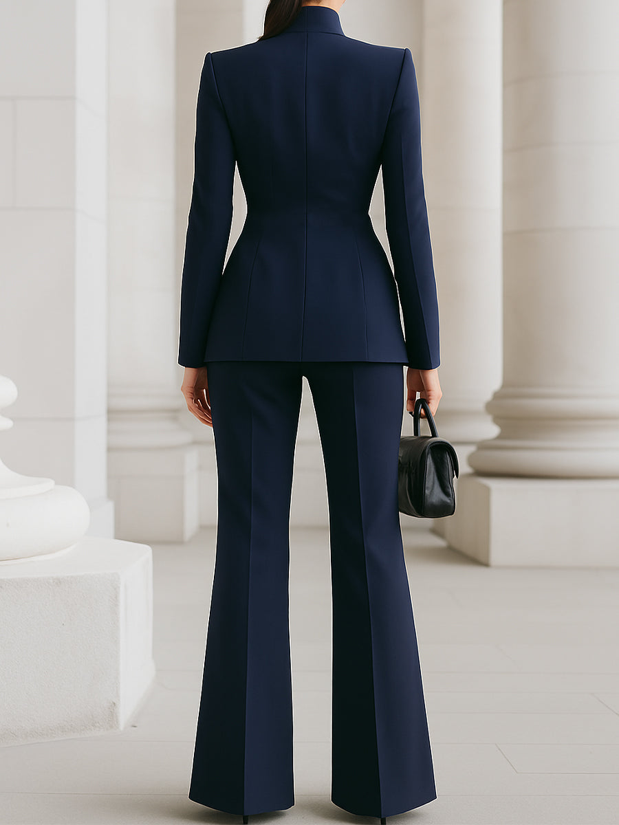 Sophisticated High-Collar Blazer & Wide-Leg Trousers Set 3