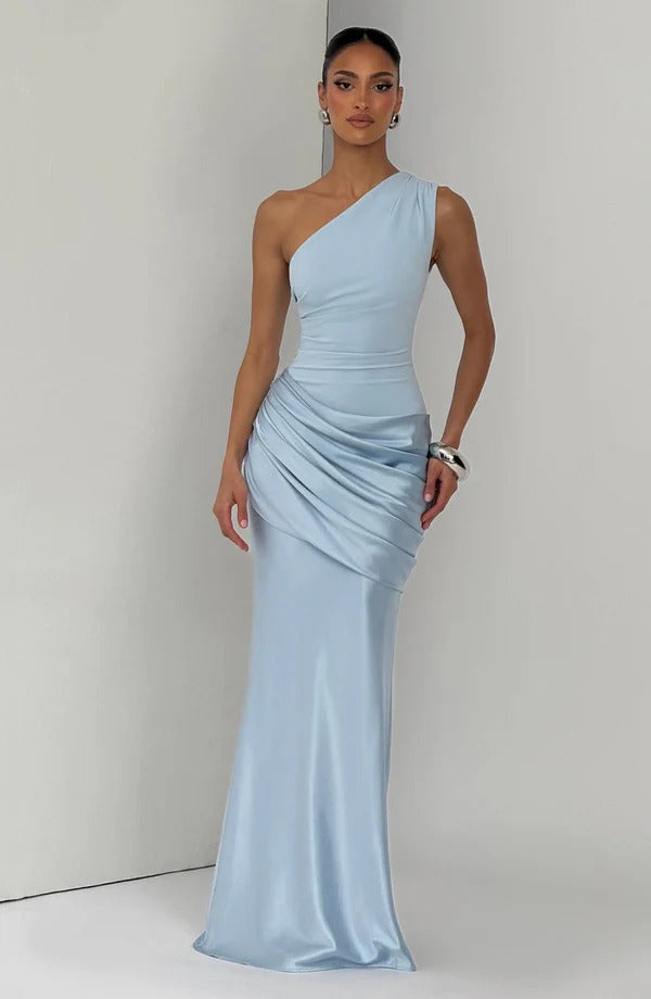 Women's Satin Mermaid Long Wedding Dress with One Shoulder 5