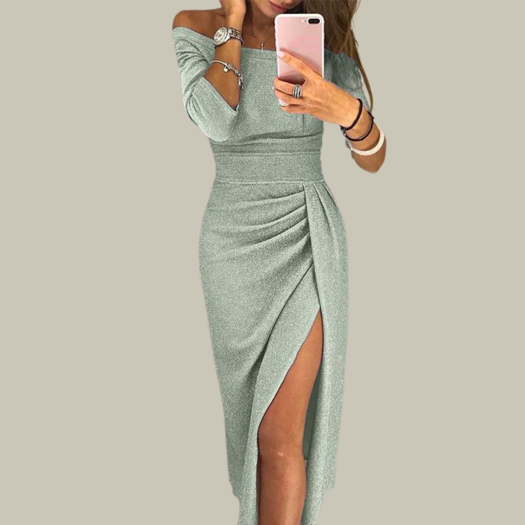 Women's Sparkly Off-the-Shoulder Dress - Ruched Split Party Gown