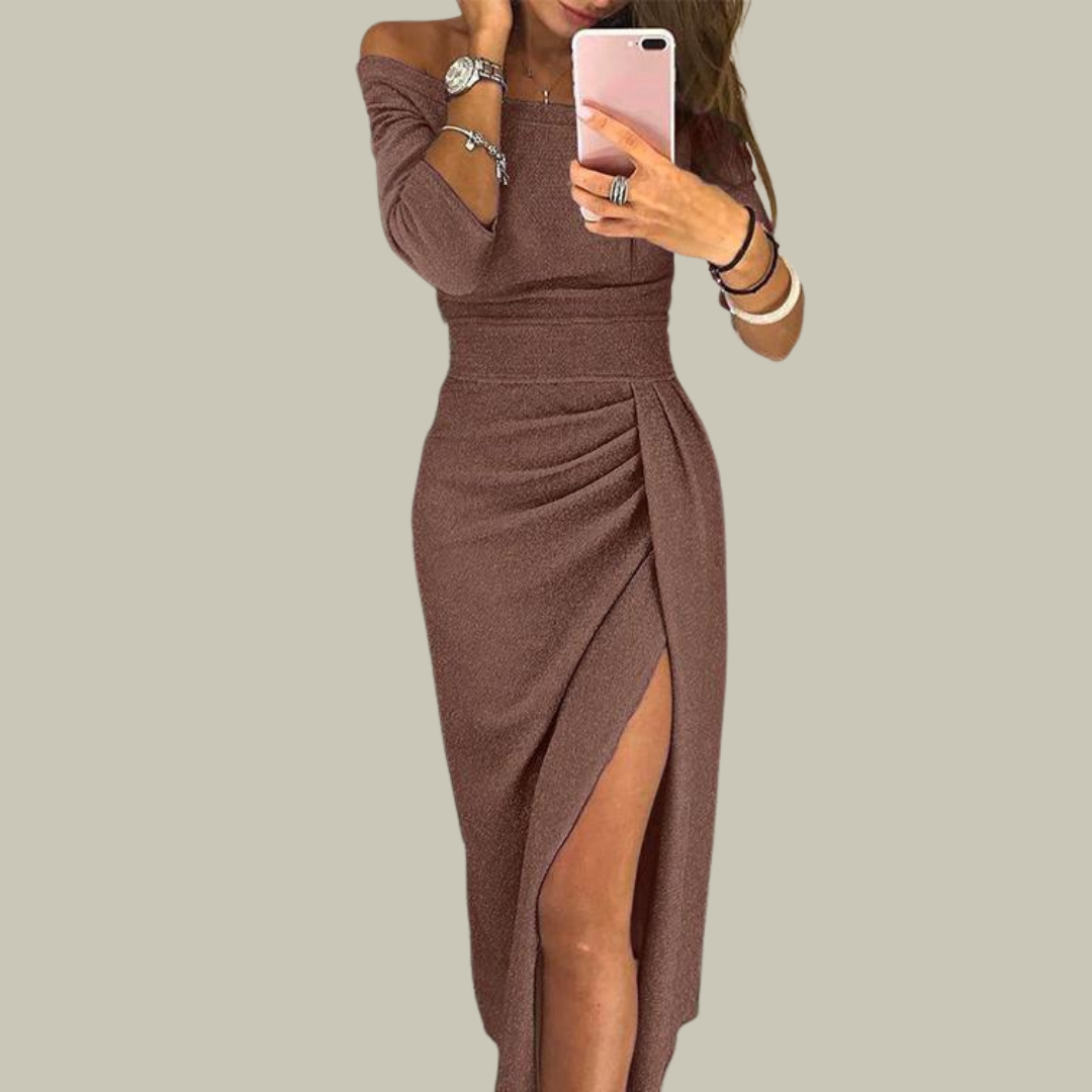 Women's Sparkly Off-the-Shoulder Dress - Ruched Split Party Gown