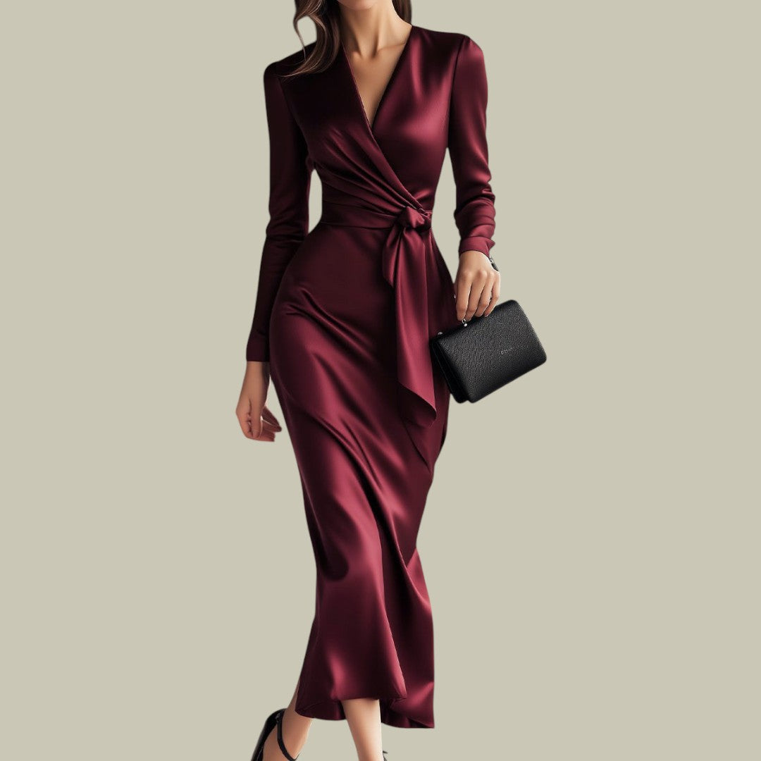 Womens Burgundy Satin Wrap Dress