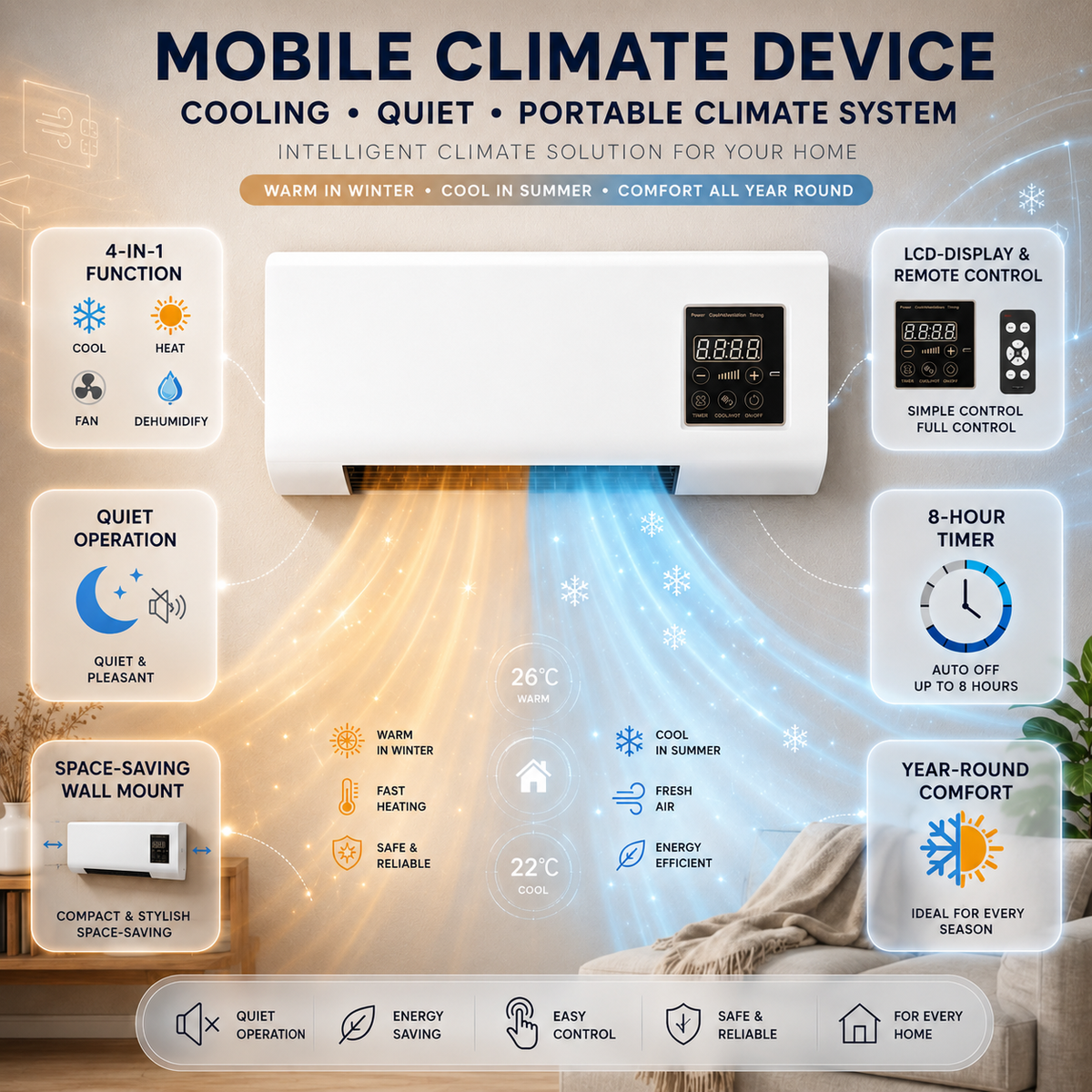 4-in-1 Portable Wall-Mounted Air Conditioner – Cooling, Heating, Ventilation & Dehumidification | Quiet Operation, Timer, LCD Display 2