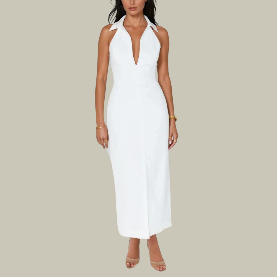 Women's White Halterneck Midi Dress