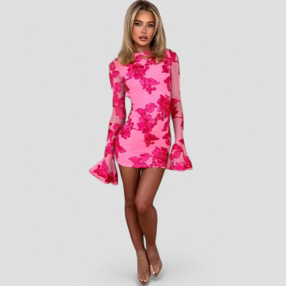Floral Mesh Mini Dress Bell Sleeve Elegant Spring Style 1