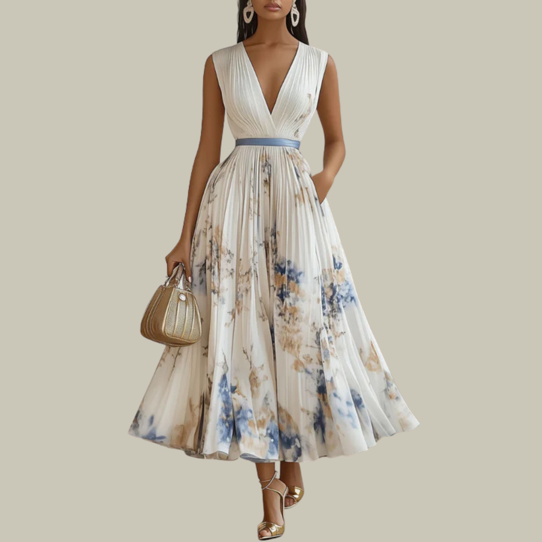Clara | Floral Pleated Midi Dress V Neck Belted