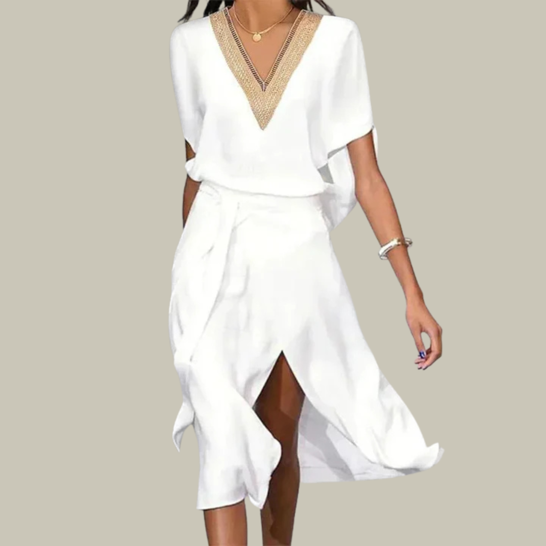 Hazel | White Linen Wrap Midi Dress Short Sleeve – Summer