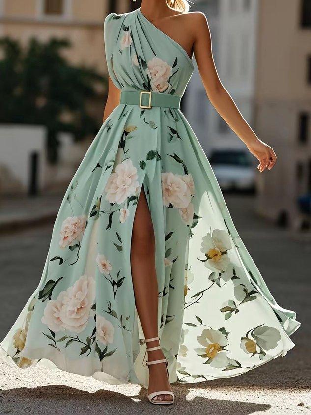 Julie | Light Green Floral Chiffon One-Shoulder Maxi Dress 0
