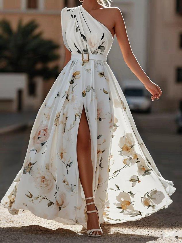 Julie | Light Green Floral Chiffon One-Shoulder Maxi Dress 6