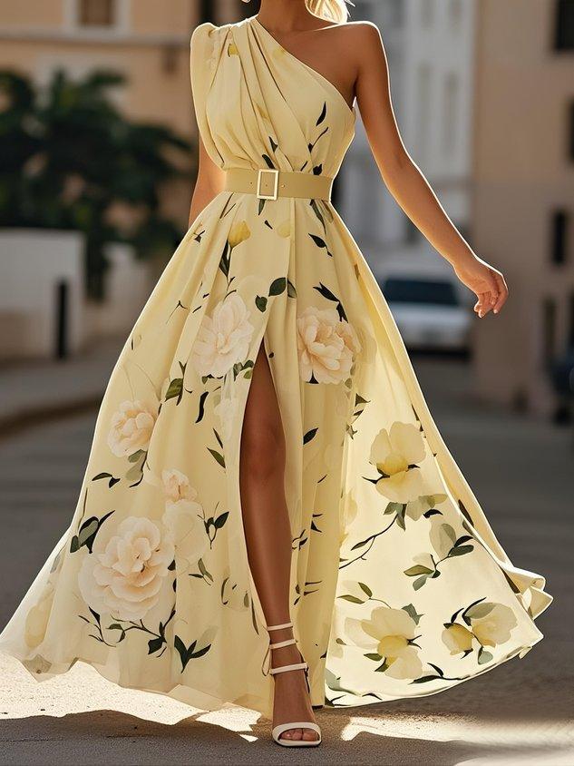 Julie | Light Green Floral Chiffon One-Shoulder Maxi Dress 7