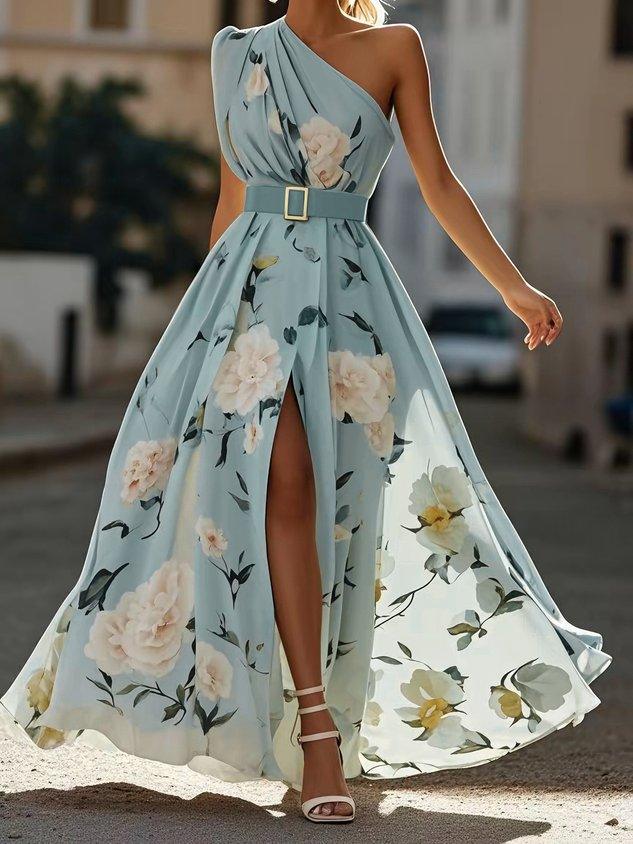 Julie | Light Green Floral Chiffon One-Shoulder Maxi Dress 8
