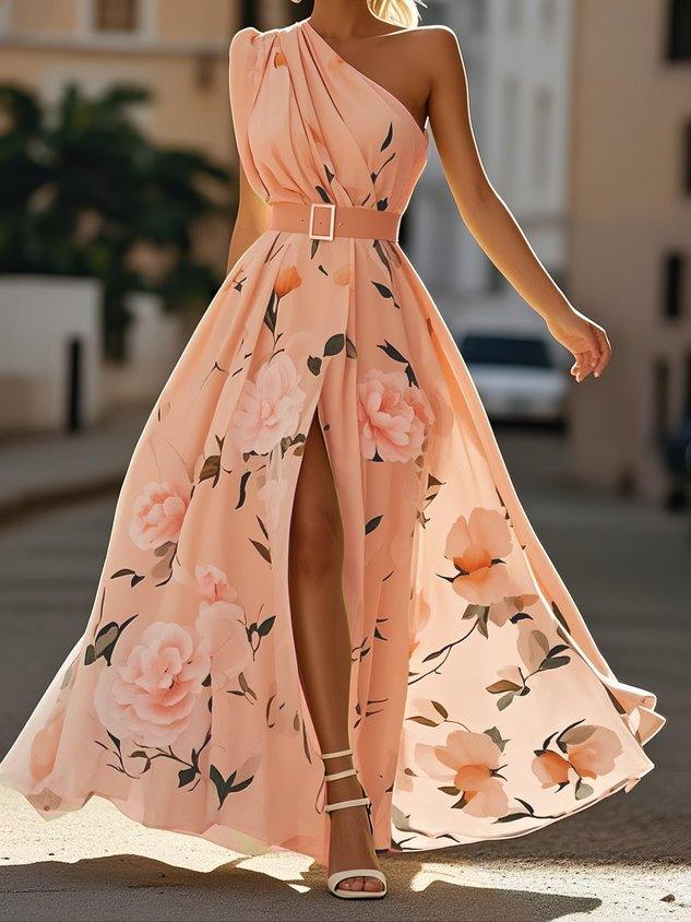 Julie | Light Green Floral Chiffon One-Shoulder Maxi Dress 9