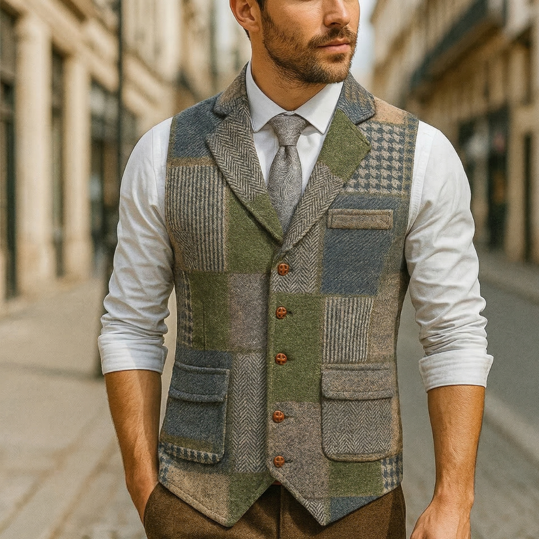 Men’s Patchwork Tweed Vest Vintage Style Tailored Waistcoat 0