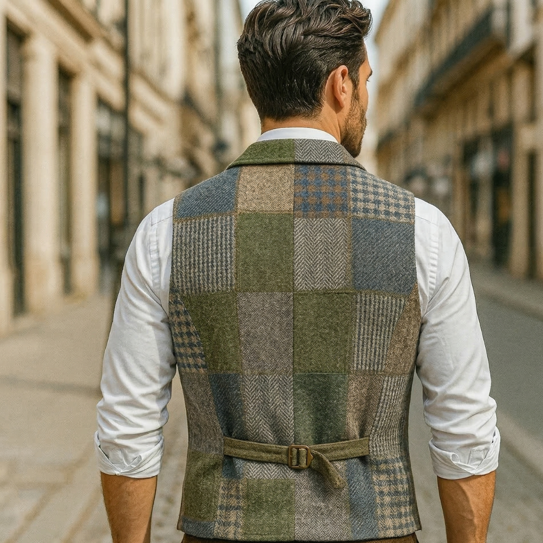 Men’s Patchwork Tweed Vest Vintage Style Tailored Waistcoat 1