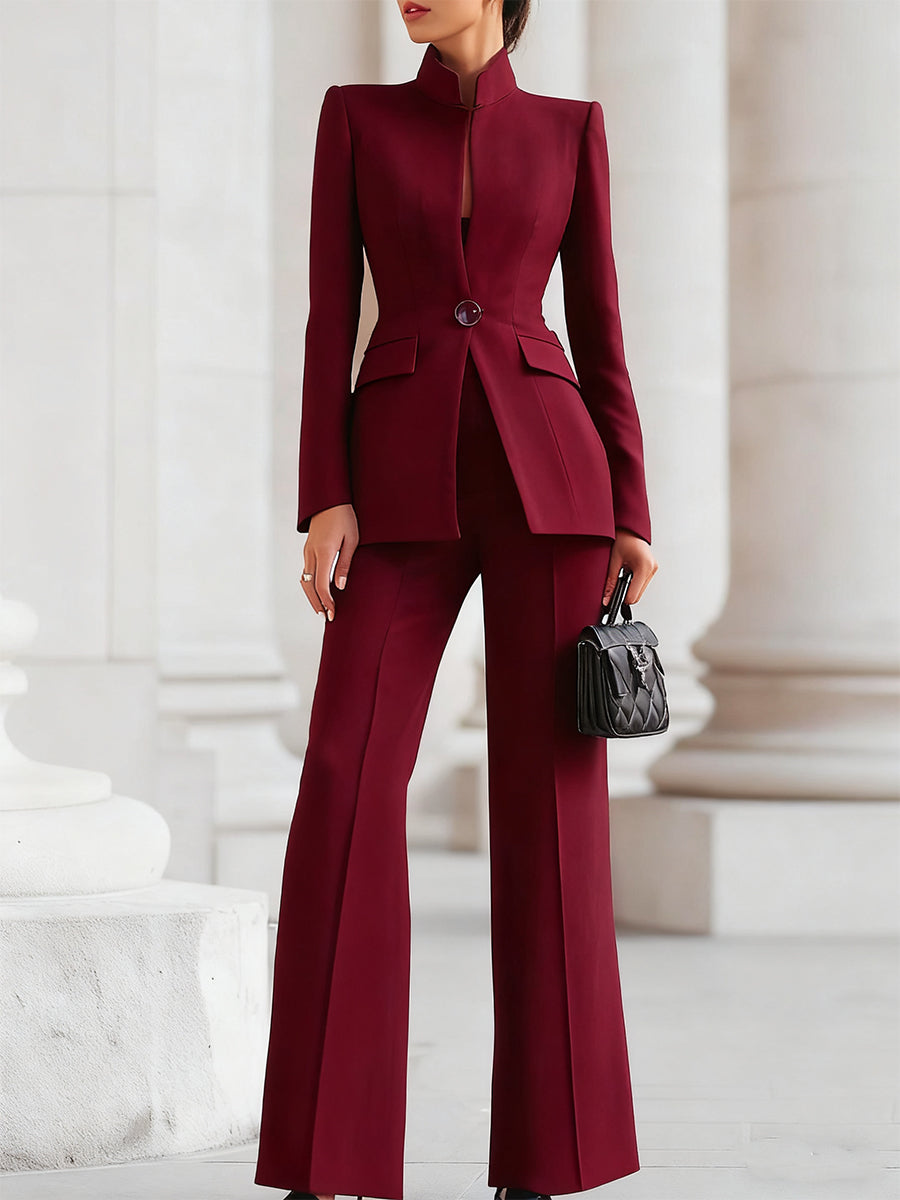 Sophisticated  High-Collar Blazer & Wide-Leg Trousers Set 6