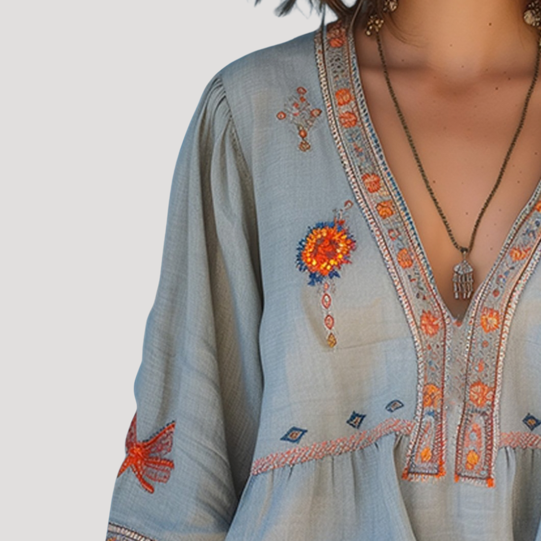 Women's Boho Floral Embroidered V-Neck Blouse 2