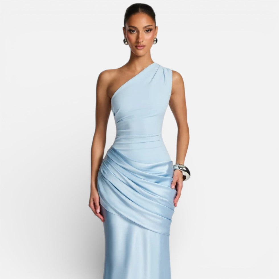 Women's Satin Mermaid Long Wedding Dress with One Shoulder 2