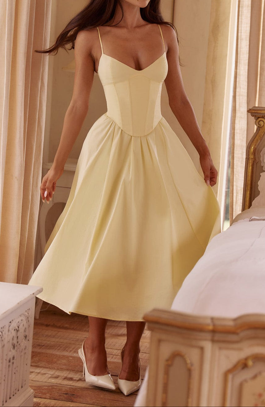 Women's Yellow A-Line Midi Dress - Structured Corset Bodice with Sweetheart Neckline and Side Pockets 1